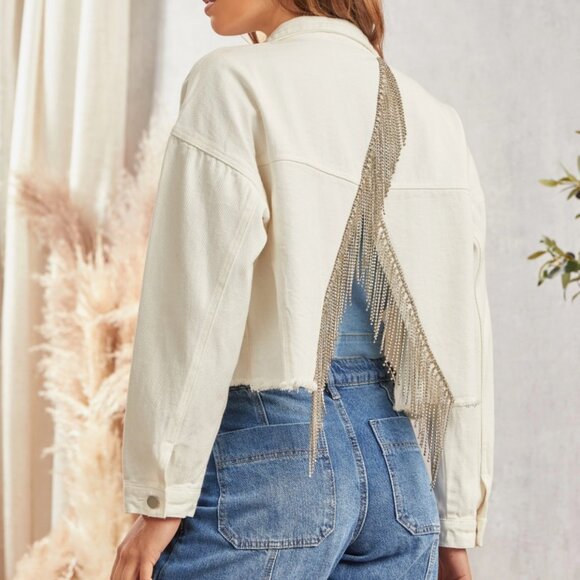 Savannah Jane White Rhinestone Diamond Fringe Denim Jacket Bride 1X 2X 3X NWT - Picture 1 of 4
